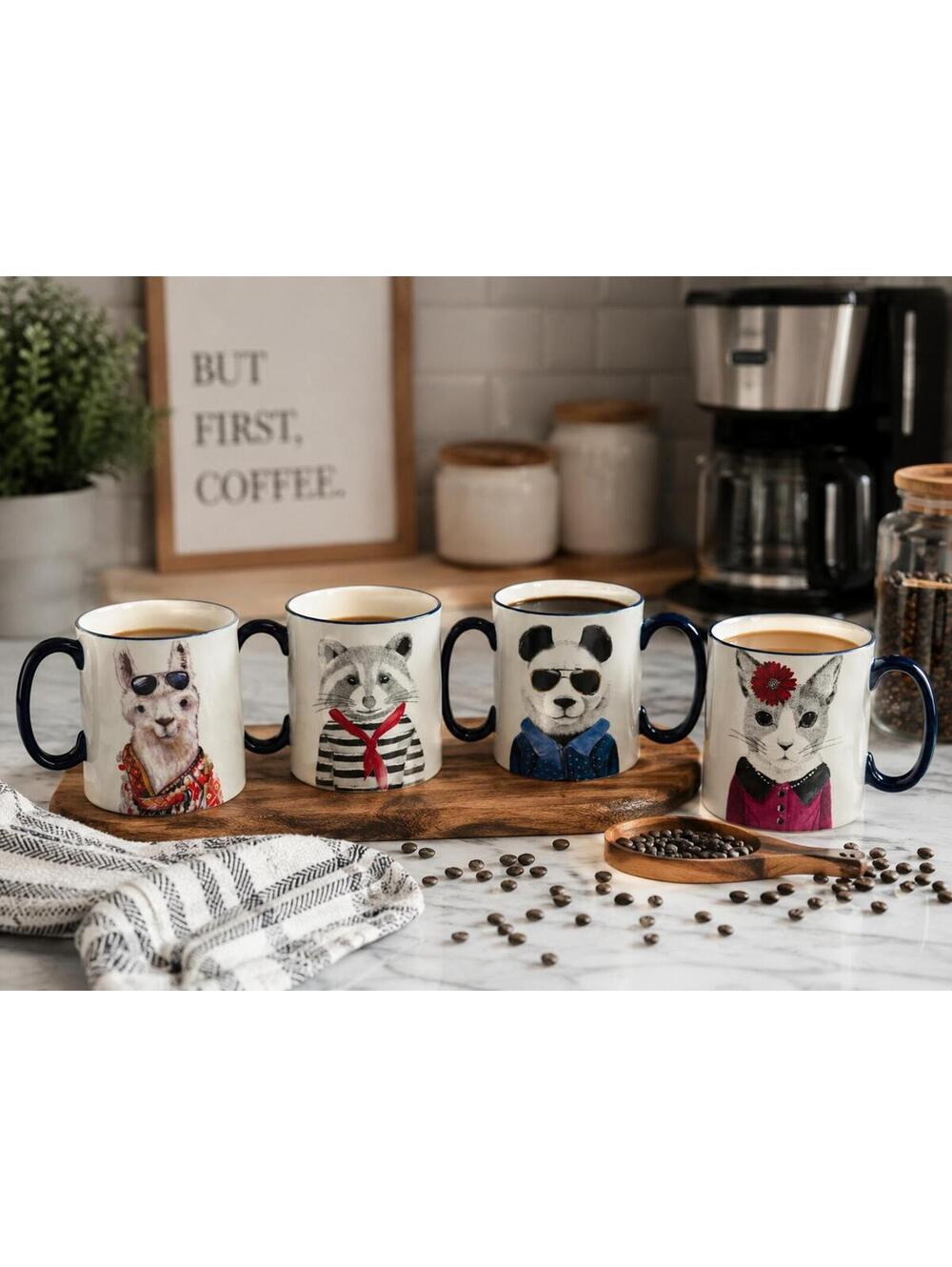 Set of 4 Signature Housewares Hipster Animal Mugs Panda Llama Racoon Cat